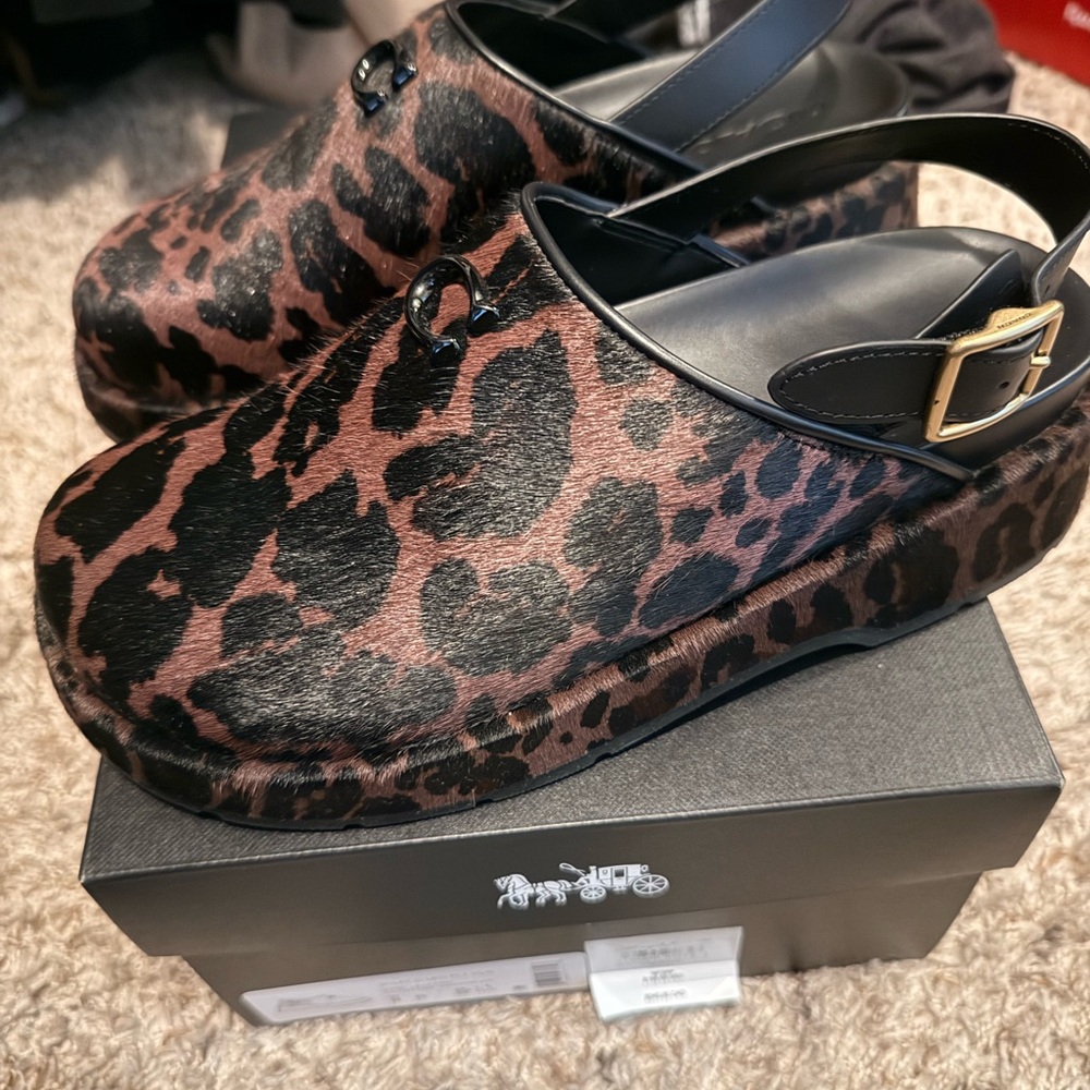 Coach Leopard-Print Clog Mules in Brown and Black - Picture 2 of 4